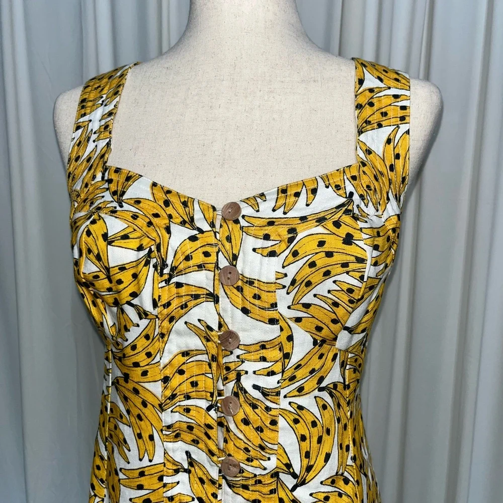 FARM Rio Yellow and White Banana Print 100% Linen Mini Dress - Picture 5 of 8